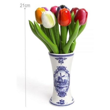 9 Mini Wooden Tulips in a Delft Blue Vase