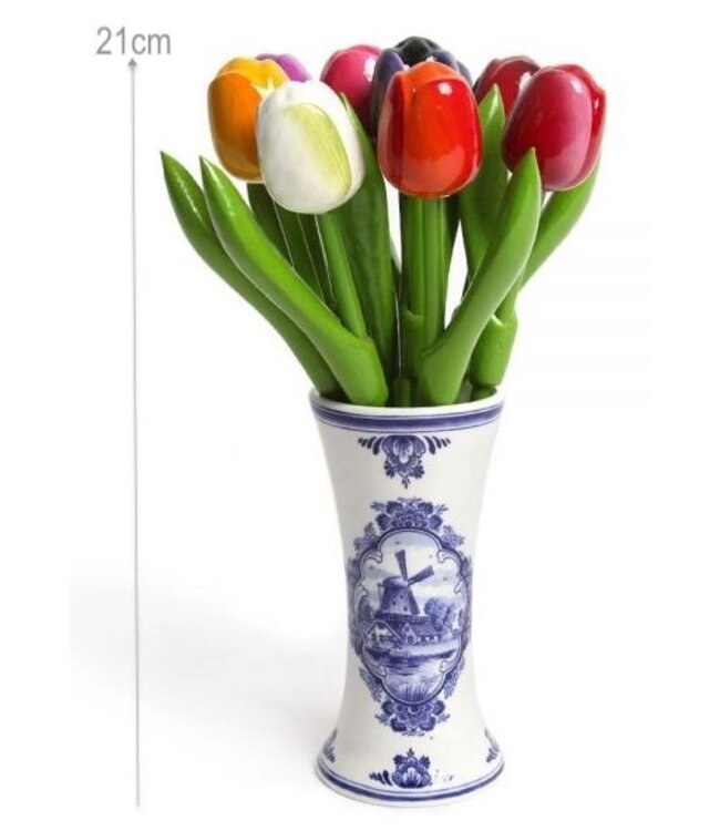 9 Mini Wooden Tulips in a Delft Blue Vase