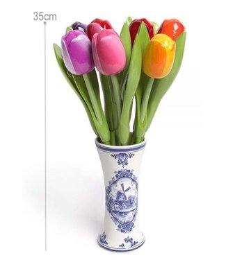 9 Large Wooden Tulips in a Delft Blue Vase