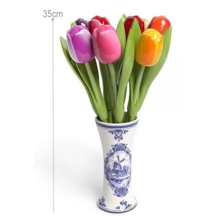 9 Large Wooden Tulips in a Delft Blue Vase