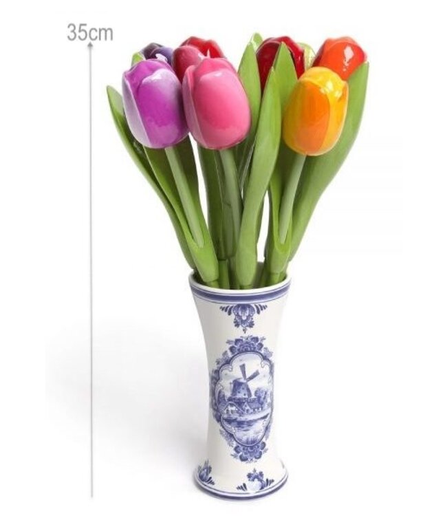 9 Large Wooden Tulips in a Delft Blue Vase