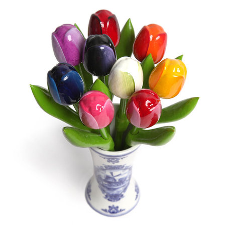 9 Large Wooden Tulips in a Delft Blue Vase