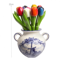 9 Wooden Tulips in a Delft Blue Wall Hanger Vase