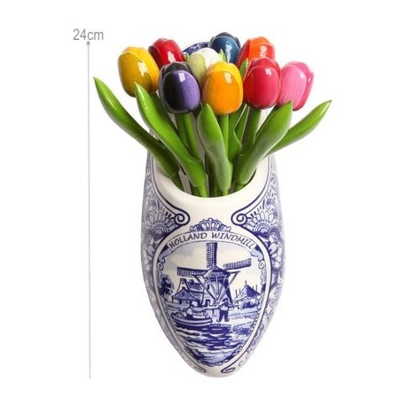 9 Wooden Tulips in a Delft Blue Wooden Shoe