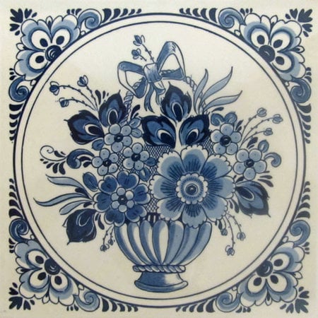 Delft Blue Vase with Flowers and Ribbon Tile