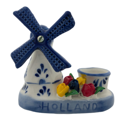 Delft Blue Candle Holder with Flowers & Windmill