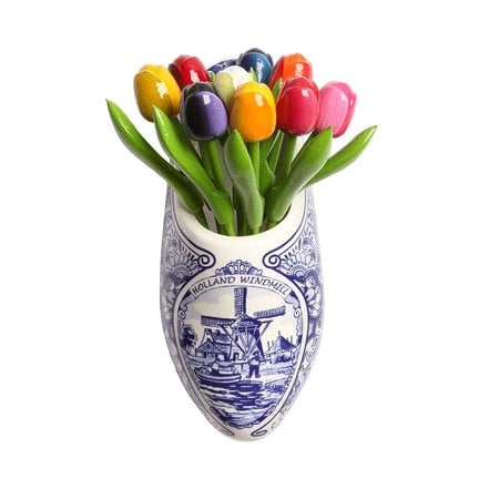 9 Wooden Tulips in a Wooden Shoe (Delft Blue Colour)