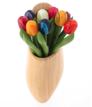 9 Wooden Tulips in a Natural Wooden Shoe