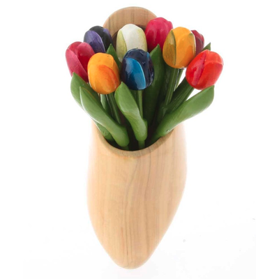 9 Wooden Tulips in a Natural Wooden Shoe