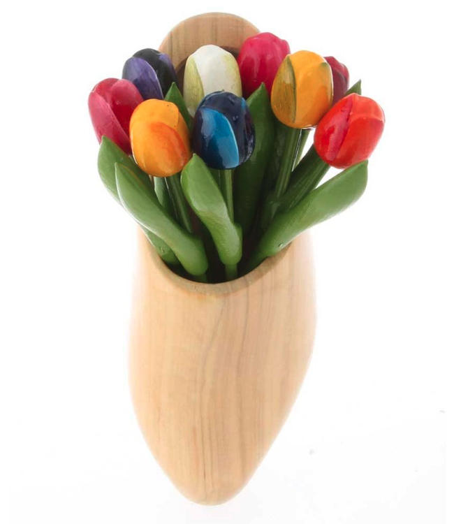 9 Wooden Tulips in a Natural Wooden Shoe