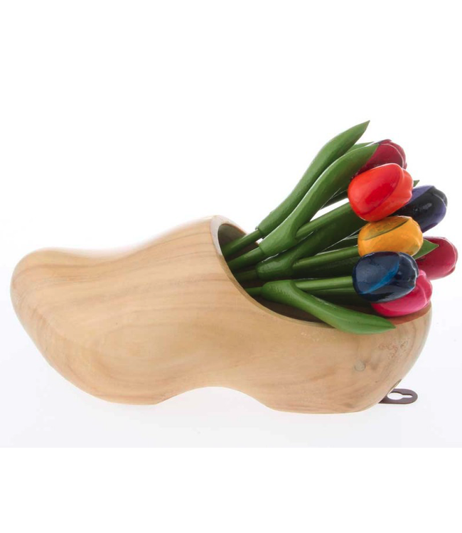 9 Wooden Tulips in a Natural Wooden Shoe