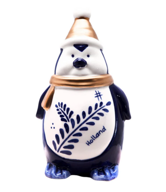 Penguin  - Delft Blue & Gold w/Hat Christmas (Small)