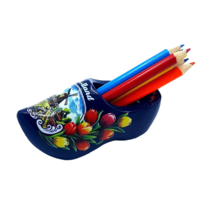 Blue Wooden Shoe with Pencils and Sharpener