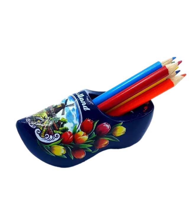 Blue Wooden Shoe with Pencils and Sharpener