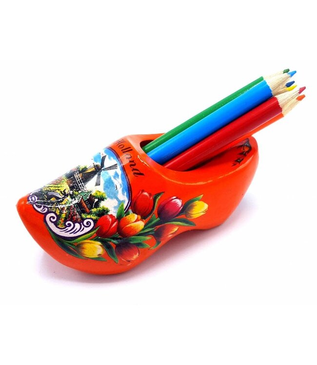 Orange Wooden Shoe with Pencils and Sharpener