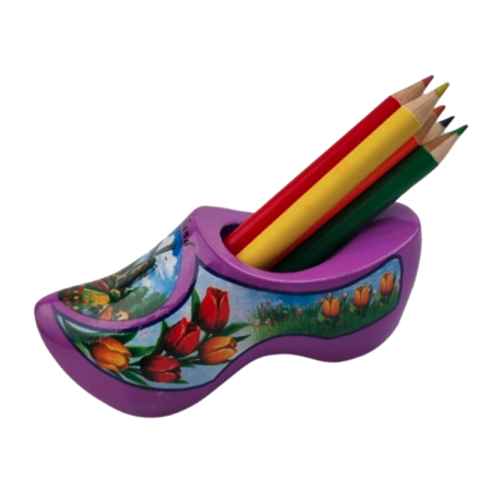Purple Wooden Shoe with Pencils and Sharpener