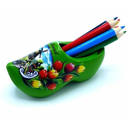 Green Wooden Shoe with Pencils and Sharpener