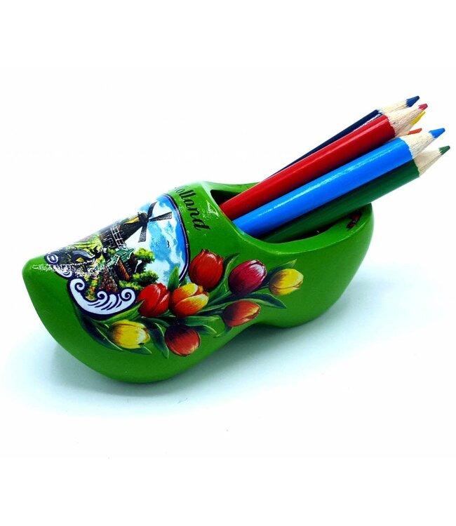 Green Wooden Shoe with Pencils and Sharpener