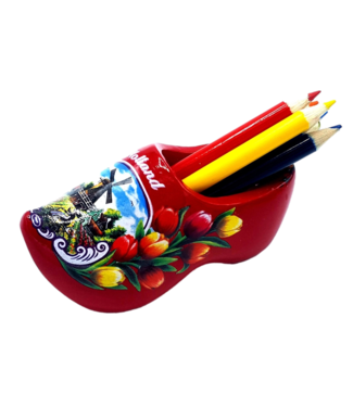 Red Wooden Shoe with Pencils and Sharpener