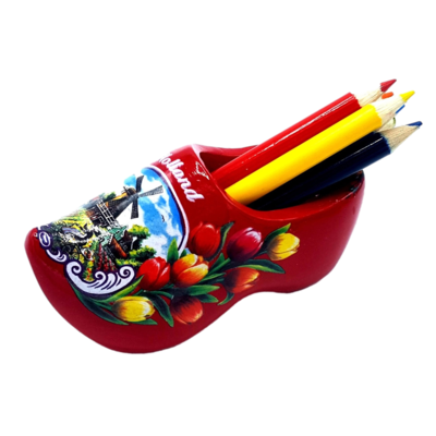 Red Wooden Shoe with Pencils and Sharpener