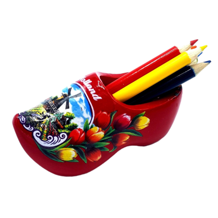Red Wooden Shoe with Pencils and Sharpener