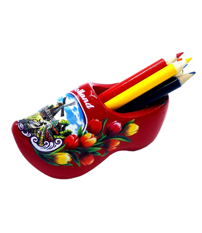 Red Wooden Shoe with Pencils and Sharpener