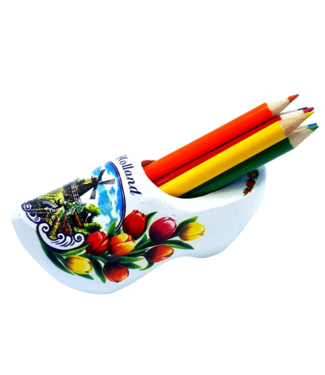 White Wooden Shoe with Pencils and Sharpener