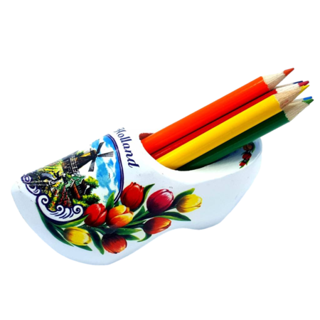 White Wooden Shoe with Pencils and Sharpener