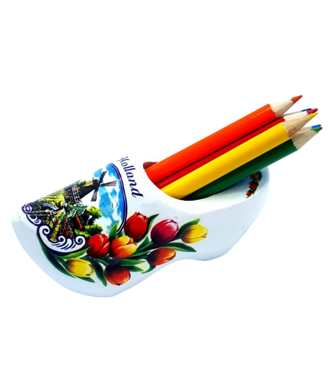White Wooden Shoe with Pencils and Sharpener