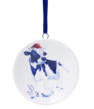 Mini Plate with  Cow Wearing Hat Christmas Ornament 5.5cm