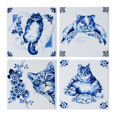 Heinen Delft Blue Lazy Cat Coasters (4pc)