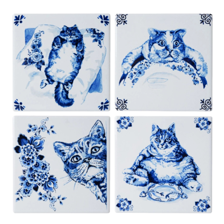 Heinen Delft Blue Lazy Cat Coasters (4pc)