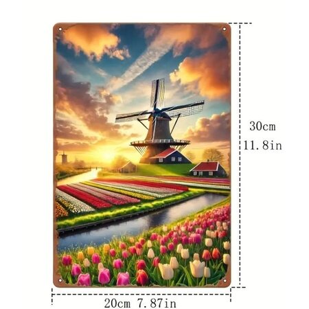 Dutch Windmill & Tulips Tin Sign