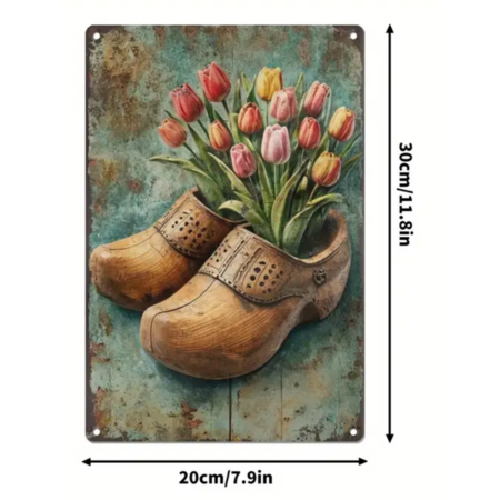 Vintage Wooden Shoes with  Tulips Tin Sign