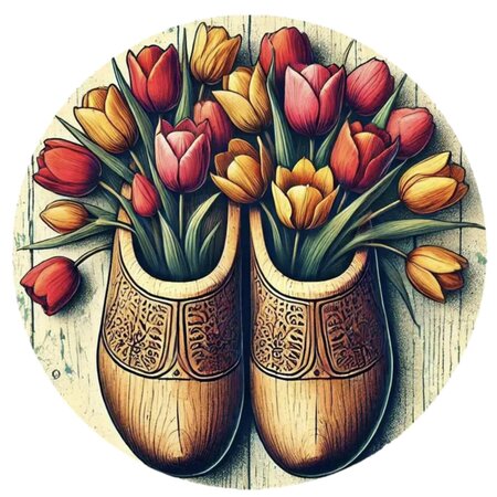 Wooden Shoes Tulips Round Tin Sign