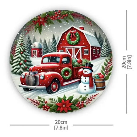 Vintage Red Christmas Truck & Snowman Tin Sign