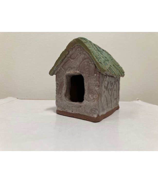 Patterned Mauve Fairy House w/Green Roof