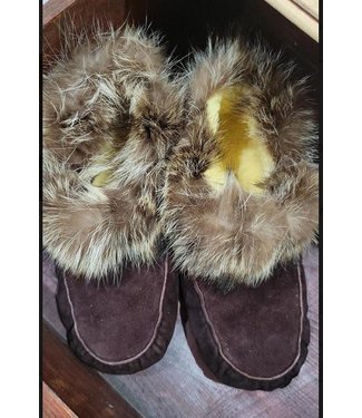 Made By Martha (C) Handmade Moccasin Slipper Dark Brown w/fur- Ladies 8