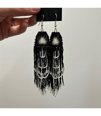 Dramatic Dreamz (C) Beaded Fringe Earrings - Black, White, Gray & Silver