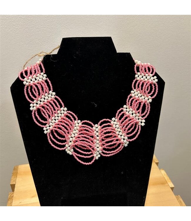 Beaded Necklace/Choker - Pink & White