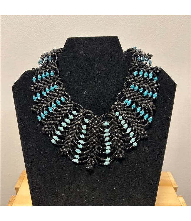 Beaded Necklace/Choker - Black & Turquoise