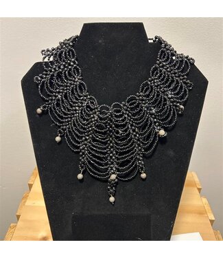 Beaded Necklace/Choker - Black & Silver Pearldrops