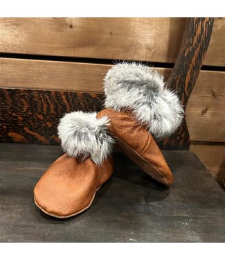 Made By Martha (C) Handmade Kid's Moccasin Booties Cocoa Leather W/ Fur 6T