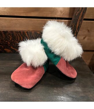 Made By Martha (C) Handmade Kid's Moccasin Bootie Green and Mauve W/ Fur 10T