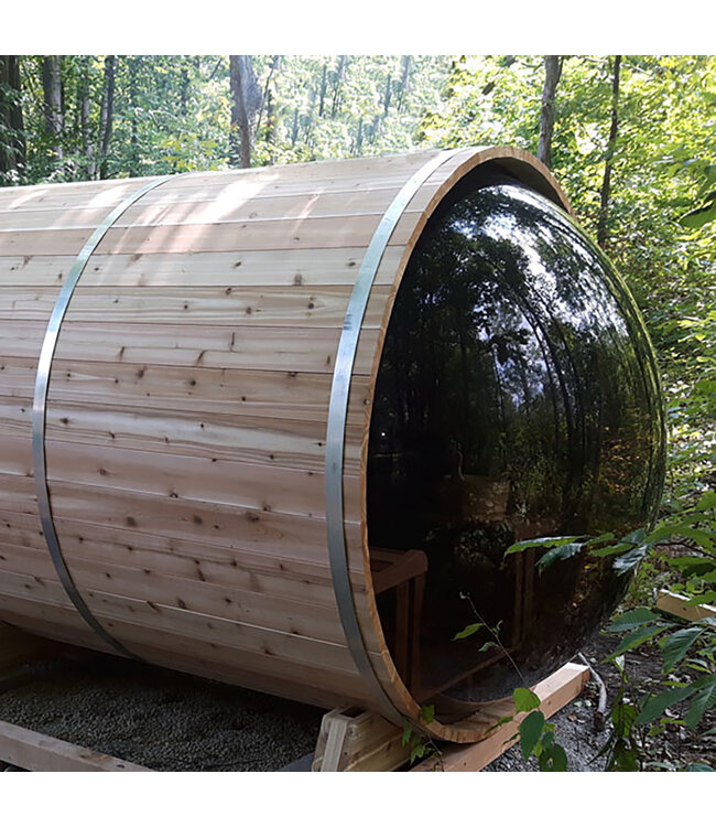 Leisurecraft Panoramic Barrel Sauna - Knotty Cedar w/Karhu Wood Burning Heater with Rocks and Chimney & Heat Sheild Set for out the Top