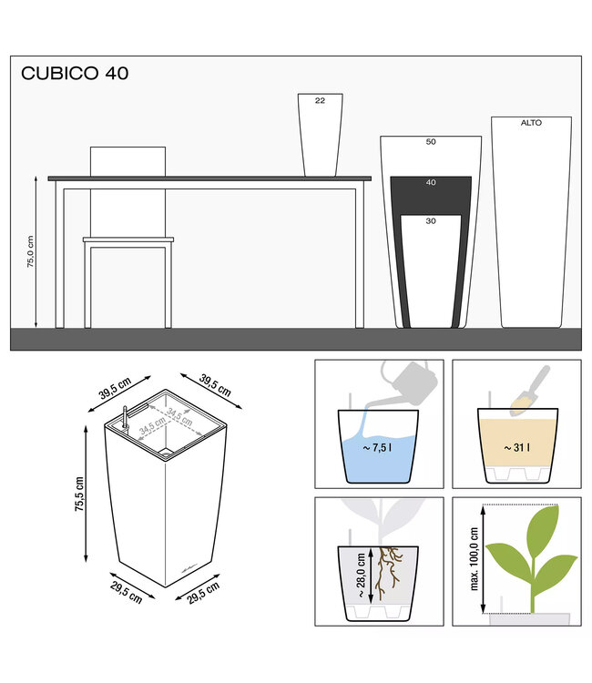 LECHUZA CUBICO PREMIUM | Color 40 Glossy Black