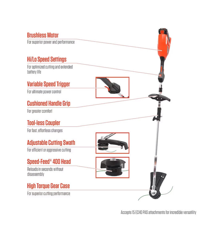 (2022) ECHO DPAS-2600SB PAS SPLIT BOOM TRIMMER W/ STANDARD CHARGER & 2.5 AH BATTERY