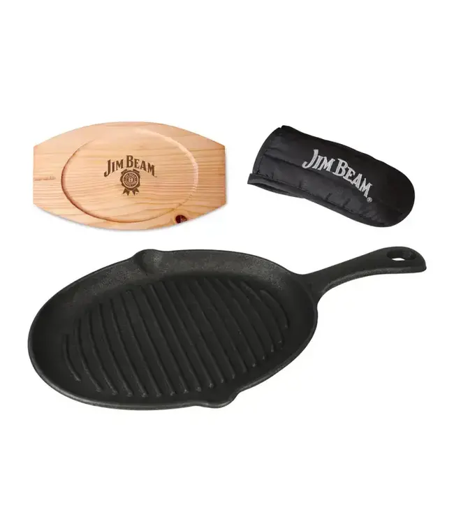 Jimbeam Cast Iron Skillet with Handle Mitt & Wood Trivet