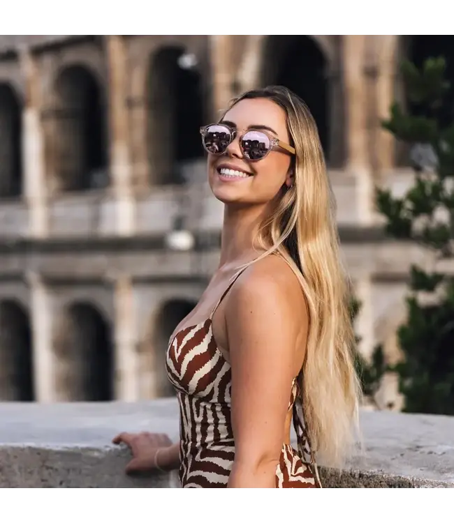 Bamboo Panto Sunglasses Clear Frame Pink Mirrorred Lenses