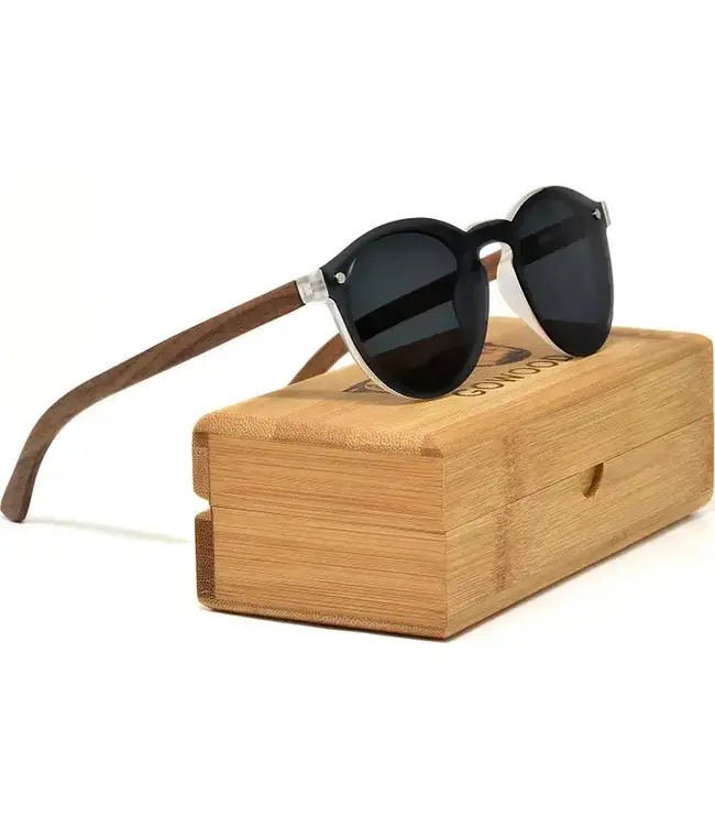 Round Walnut Wood Sunglasses with Black Polarized Lenses